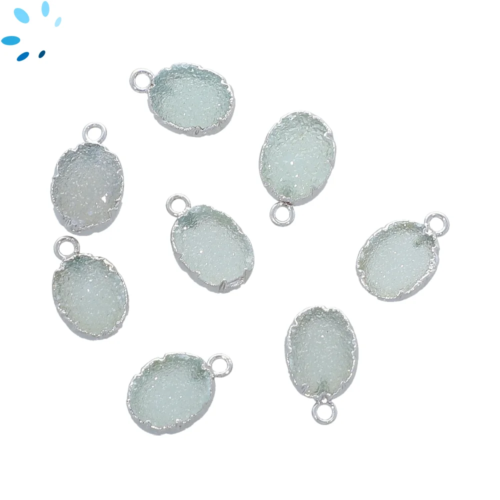 Aqua Druzy Oval Charm Pendant 10x8mm Silver Electroplated - Set of 4