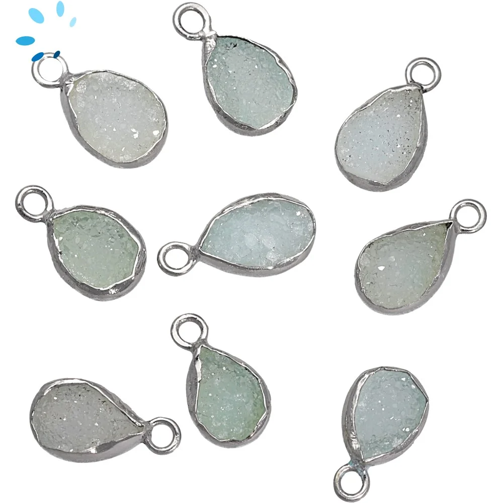 Aqua Druzy Pear Bezel Charm Pendant 10x7 - 12x8mm - Platinum Plated Sterling Silver - Set of 4