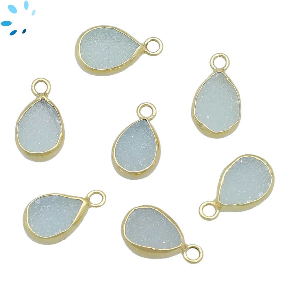 Aqua Druzy Pear Bezel Pendant Charm 10x7 - 12x8mm - 18k Gold Plated Sterling Silver - Set of 4