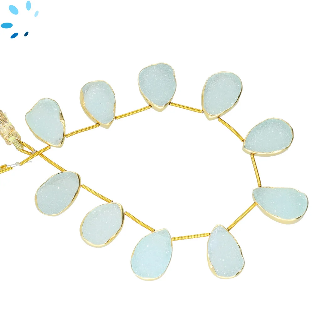 Aqua Druzy Pear Bezel Set Beads 15x11 - 17x13mm Top Drilled - 18k Gold Plated Sterling Silver