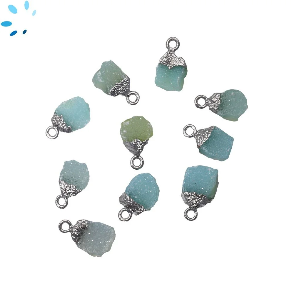 Aqua Druzy Rough Charm Pendant 8x5mm - 10x7mm Silver Electroplated - Set of 4