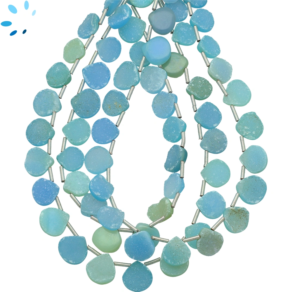 Aqua Druzy Rough Heart Top Drilled Beads 8-9mm - 8 Inch Strand