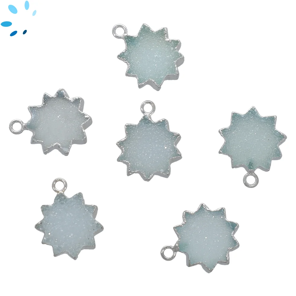 Aqua Druzy Sun Charm Pendant 14mm Platinum Electroplated - Set of 2