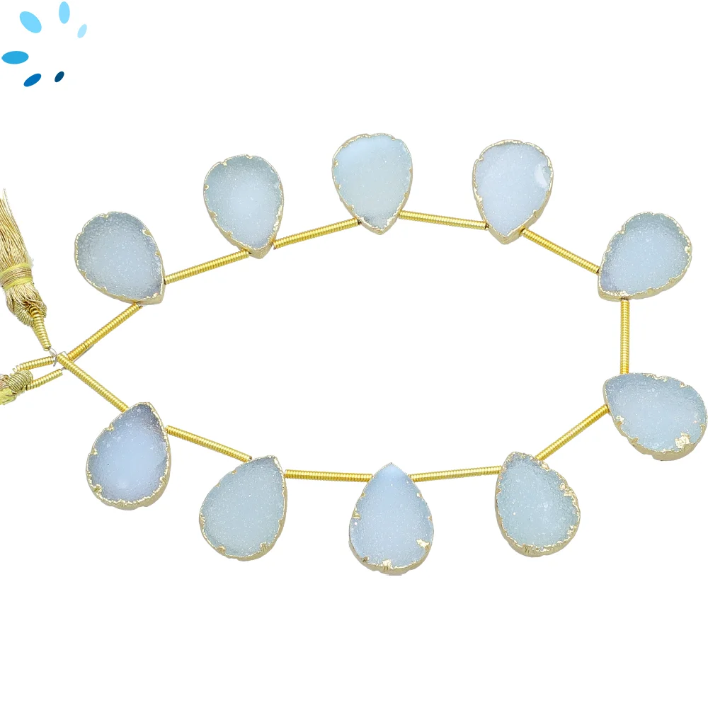 Aqua Druzy Top Drilled Pear Beads 15x10mm - 18k Gold Electroplated