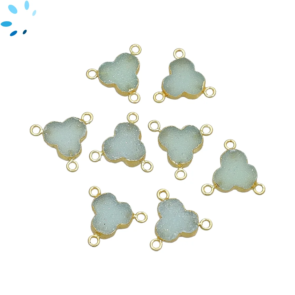 Aqua Druzy Trefoil Connector 10mm 18k Gold Electroplated - Set of 4