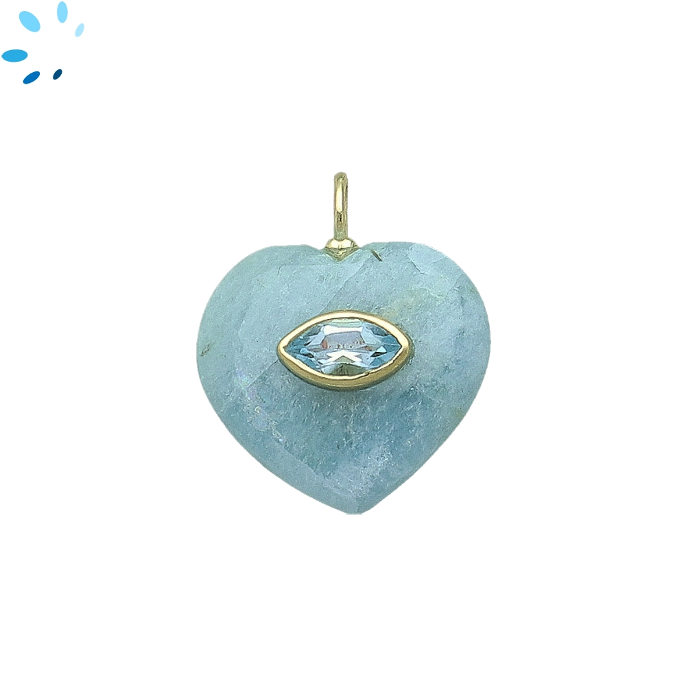 Aquamarine & Blue Topaz Heart Inlay Charm Pendant 19mm - 18k Gold Plated Sterling Silver