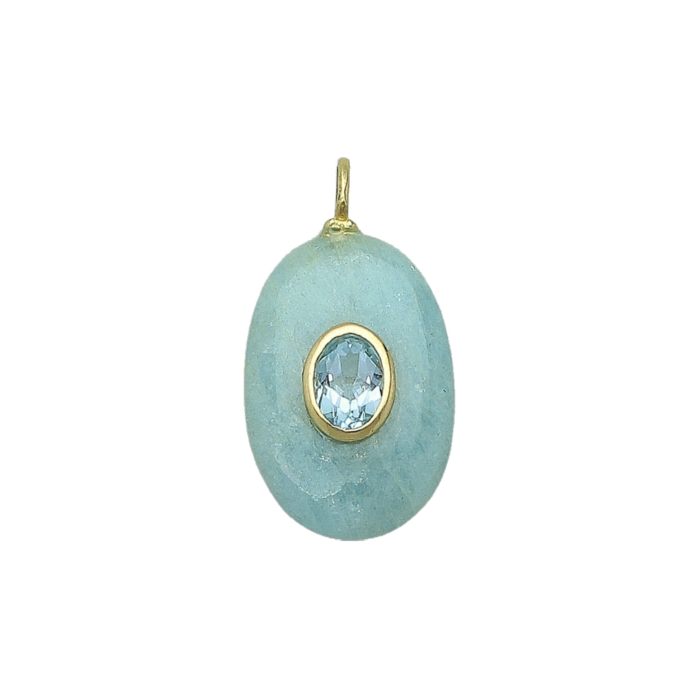 Aquamarine & Blue Topaz Oval Inlay Pendant Charm 22x15mm - 18k Gold Plated Sterling Silver