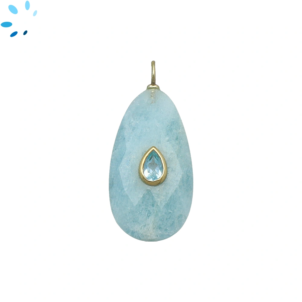 Aquamarine & Blue Topaz Pear Inlay Pendant Charm 31x16mm - 18k Gold Plated Sterling Silver - 1 Piece
