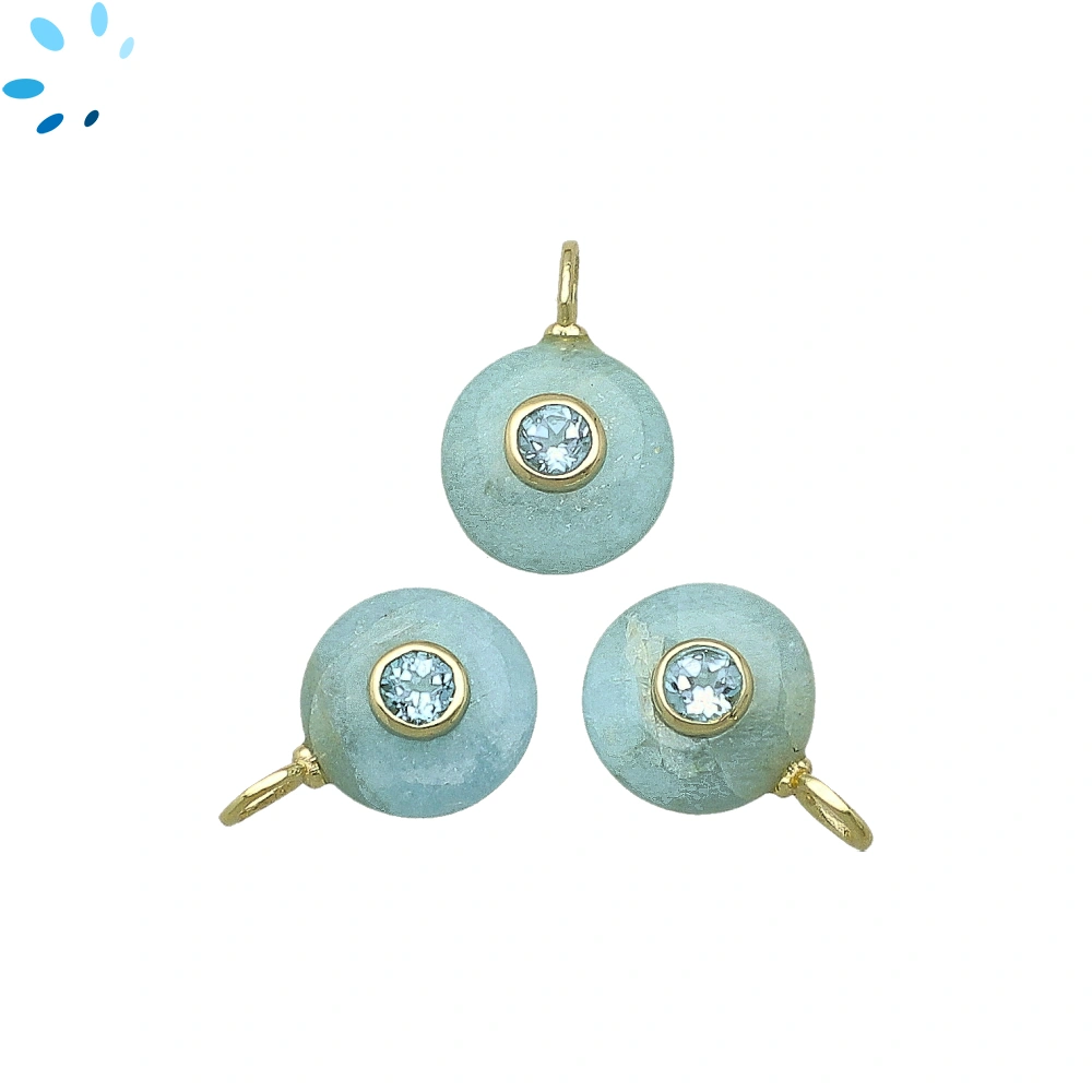 Aquamarine & Blue Topaz Round Inlay Charm Pendant 12mm - 18k Gold Plated Sterling Silver - 1 Piece
