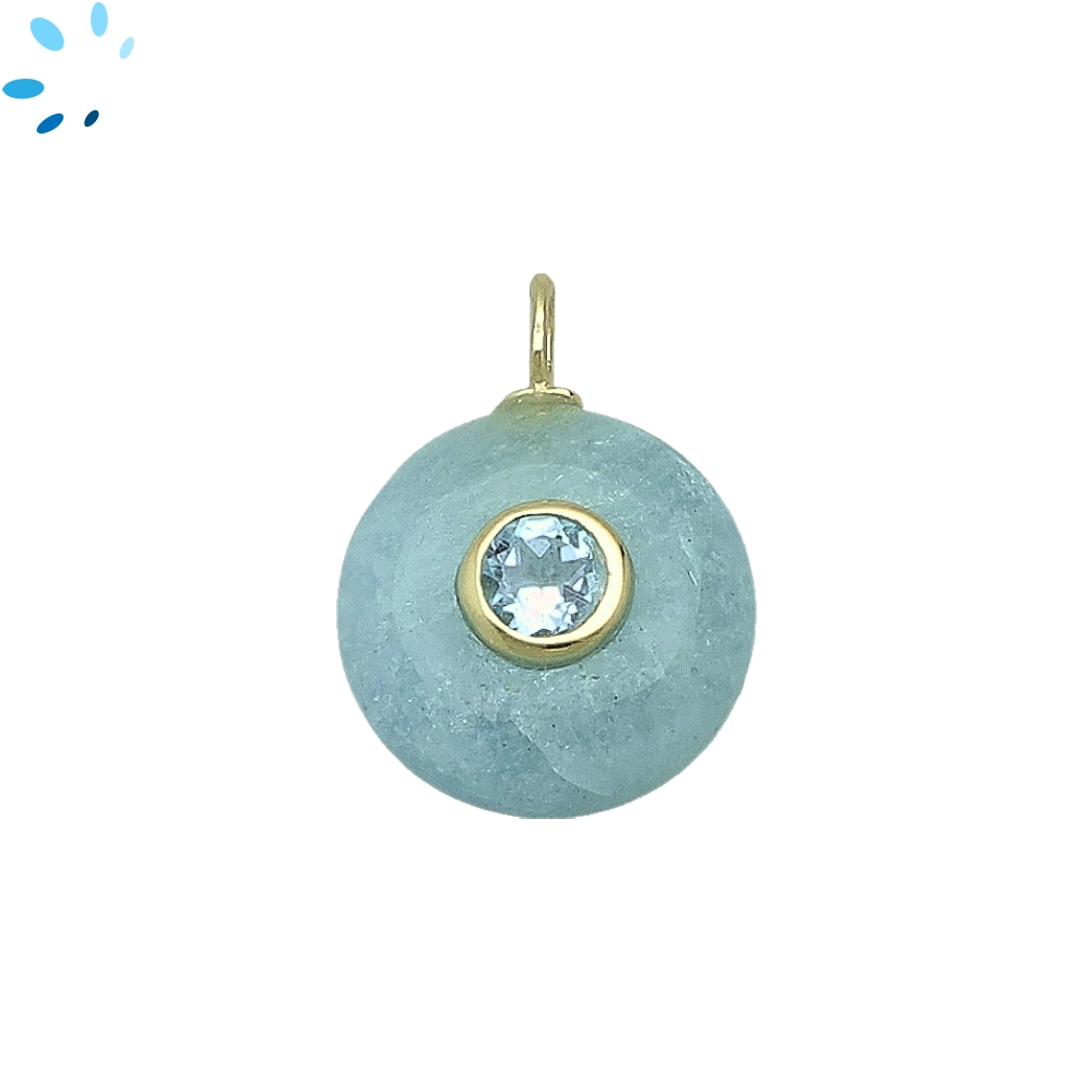 Aquamarine & Blue Topaz Round Inlay Pendant Charm 16mm - 18k Gold Plated Sterling Silver