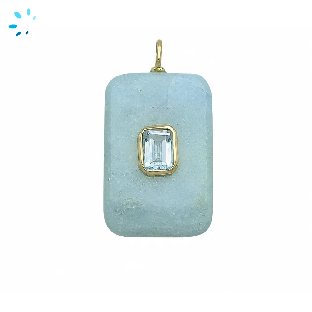 Aquamarine & Blue Topaz Slab Rectangle Inlay Pendant Charm 28x18mm - 18k Gold Plated Sterling Silver 1 Piece