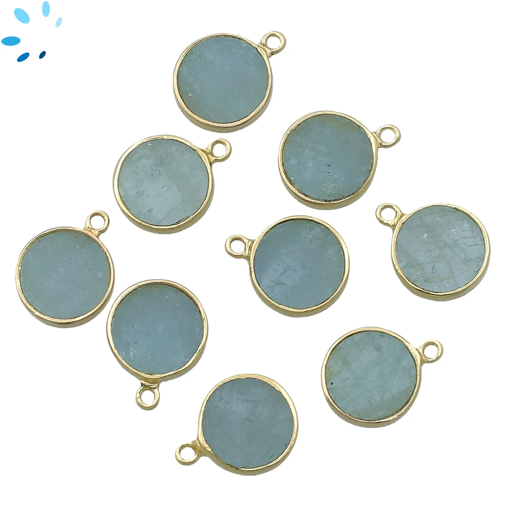 Aquamarine Coin Bezel Charm Pendant 12mm - 18k Gold Plated Sterling Silver - Set of 4
