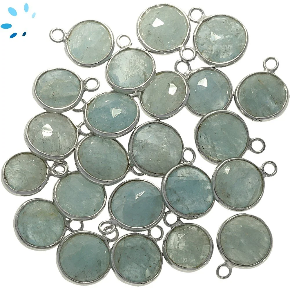 Aquamarine Coin Bezel Charm Pendant 8mm - Platinum Plated Sterling Silver - Set of 4