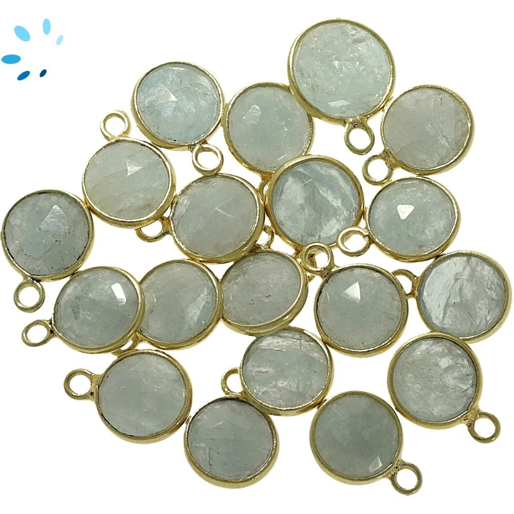 Aquamarine Coin Bezel Pendant Charm 8mm - 18k Gold Plated Sterling Silver - Set of 4