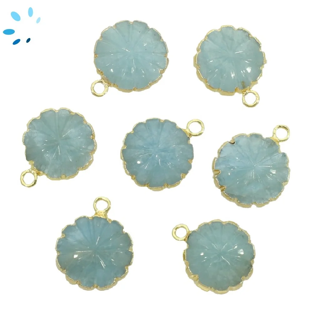 Aquamarine Coin Pendant Charm 13mm 18k Gold Electroplated - Set of 4