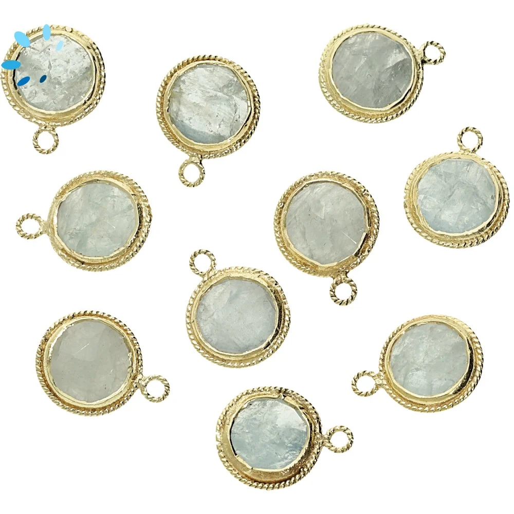 Aquamarine Coin Twisted Wire Bezel Charm Pendant 9mm - 18k Gold Plated Sterling Silver - Set of 4