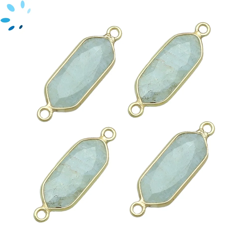 Aquamarine Elongated Hexagon Bezel Connector 16x7mm - 18x8mm - 18k Gold Plated Sterling Silver - Set of 4