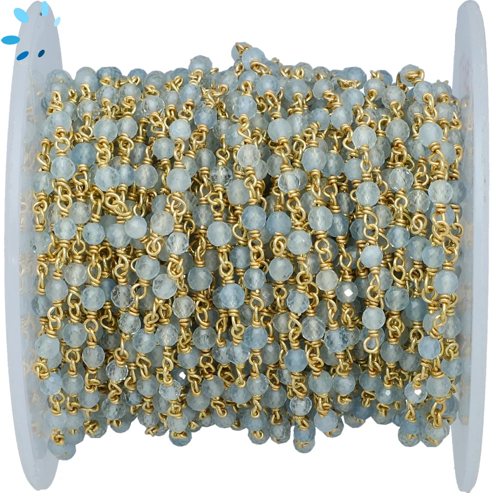 Aquamarine Faceted Button 3.0 mm Sterling Silver Gold Plated Chain Sold by Foot -Gold Plated