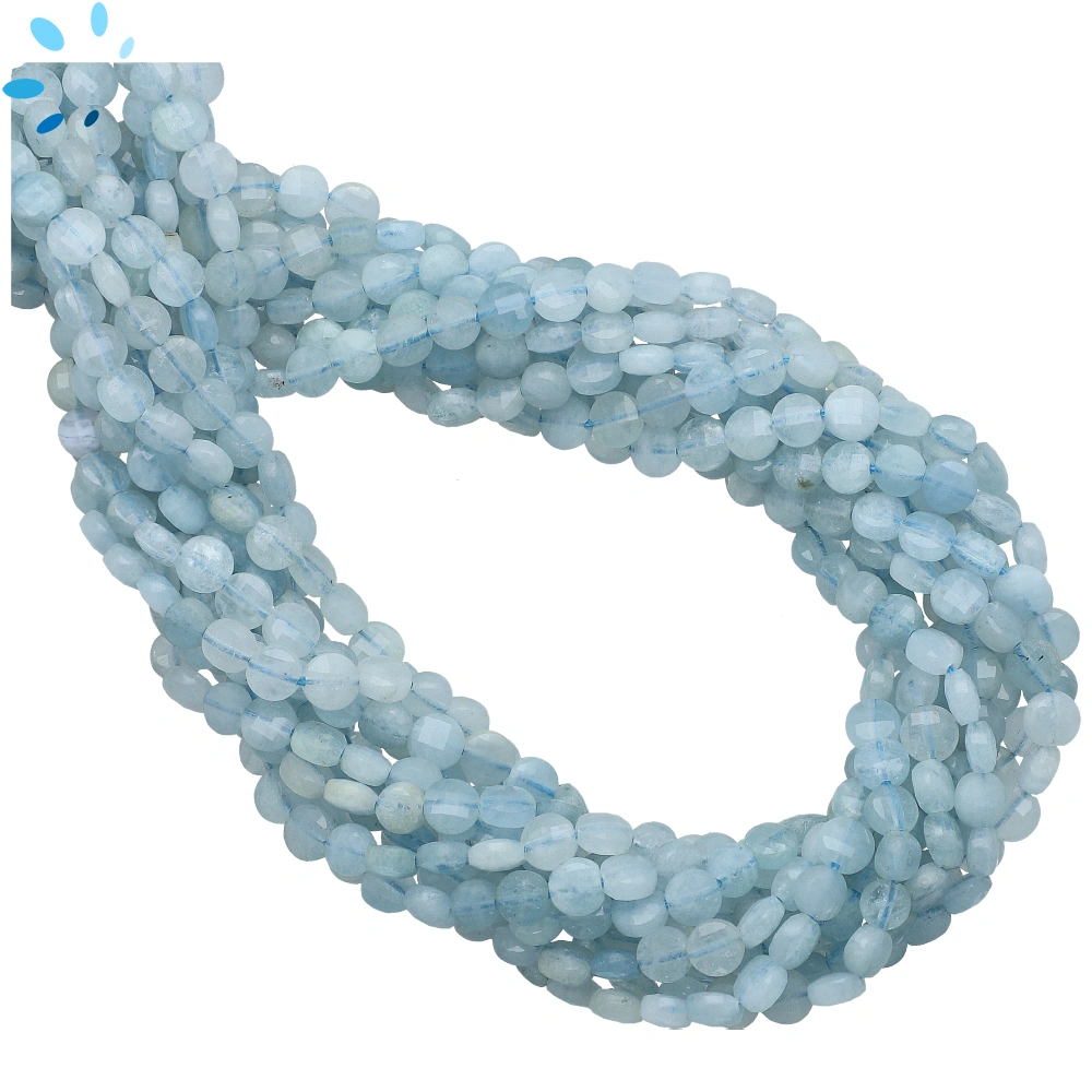 Aquamarine Faceted Coin Top to Bottom Drilled Beads 4.5mm - 12 Inch Strand