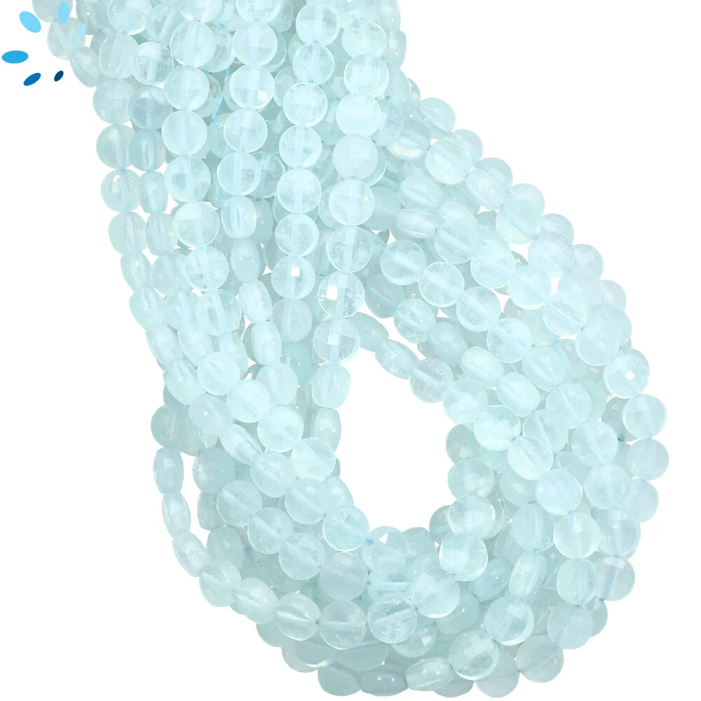 Aquamarine Faceted Coin Top to Bottom Drilled Beads 6mm - 13 Inch Strand