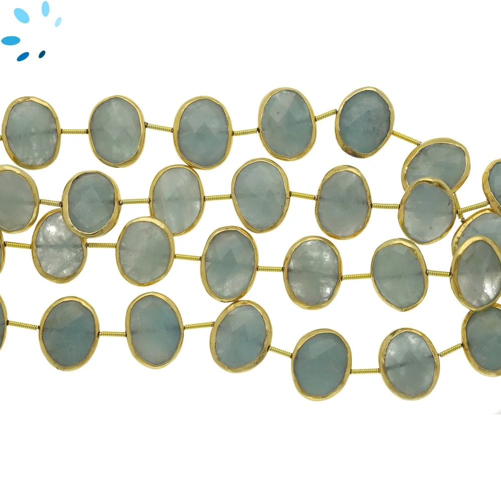 Aquamarine Faceted Nuggets Bezel Set Beads 15x12mm Center Drilled - 18k Gold Plated Sterling Silver