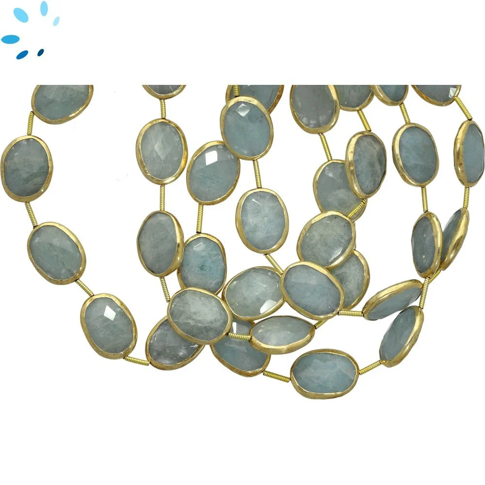 Aquamarine Faceted Nuggets Bezel Set Beads 15x12mm Top to Bottom Drilled - 18k Gold Plated Sterling Silver