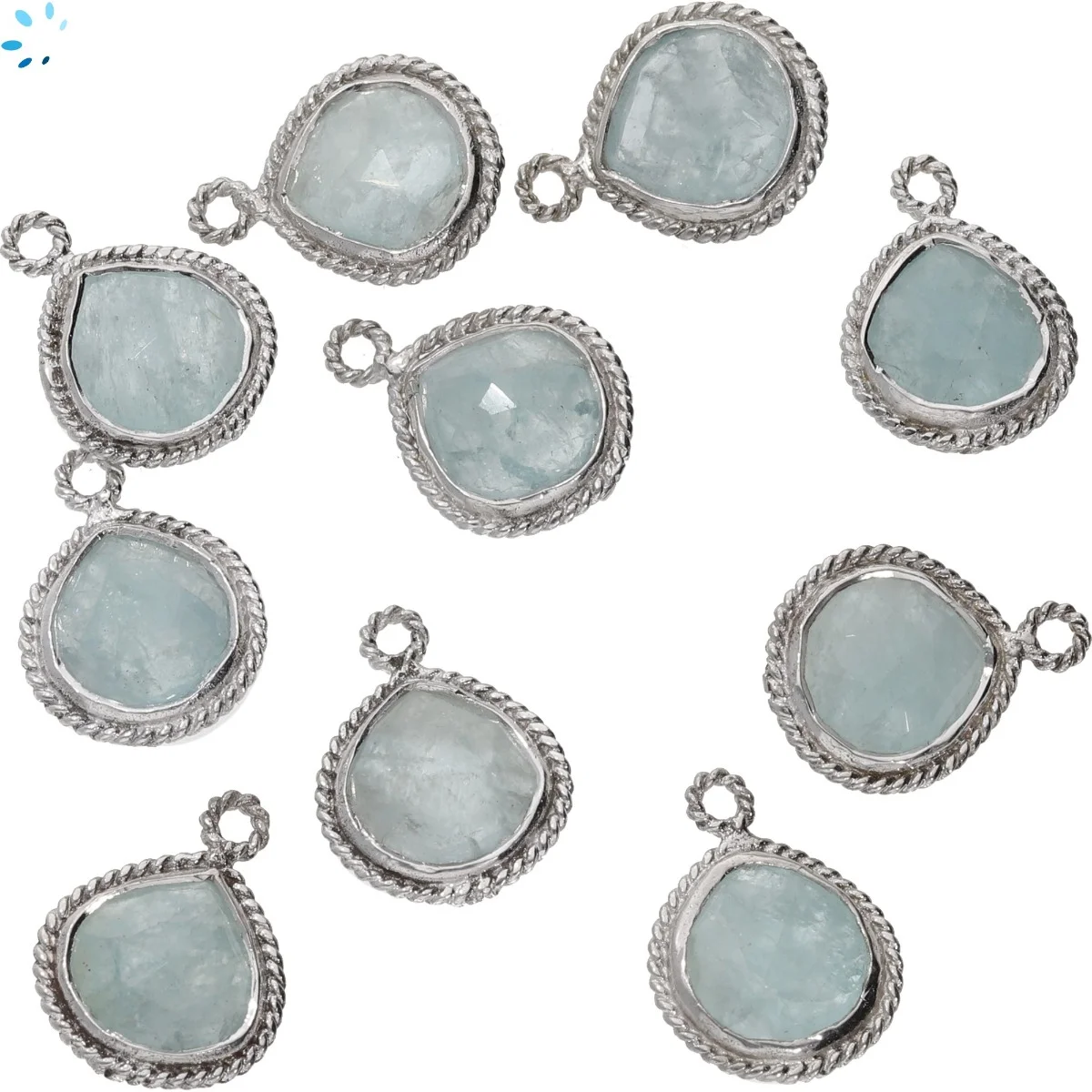 Aquamarine Heart Twisted Wire Bezel Charm Pendant 10mm - Silver Plated Sterling Silver - Set of 4
