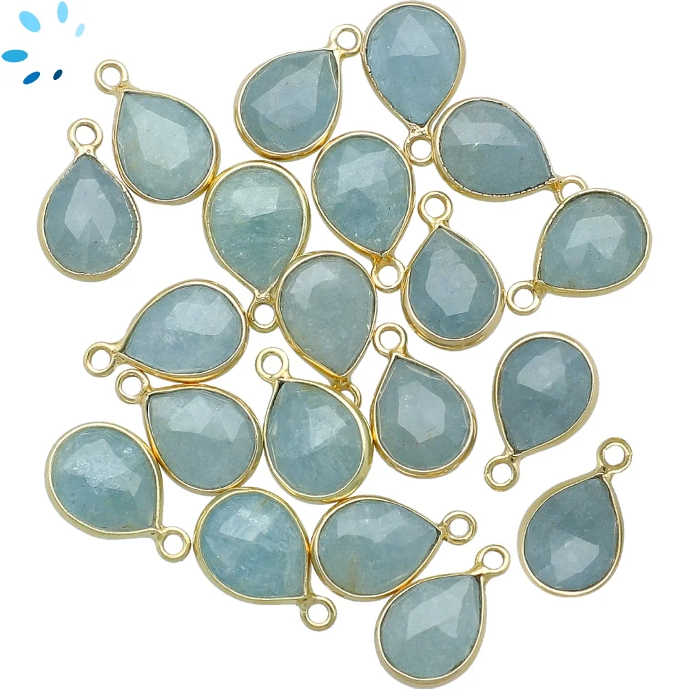 Aquamarine Pear Bezel Pendant Charm 10x8 - 12x9mm - 18k Gold Plated Sterling Silver - Set of 4