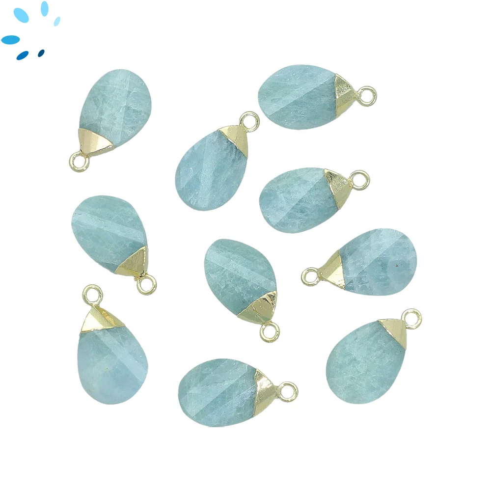 Aquamarine Pear Pendant Charm 13x8mm 18k Gold Electroplated - Set of 4