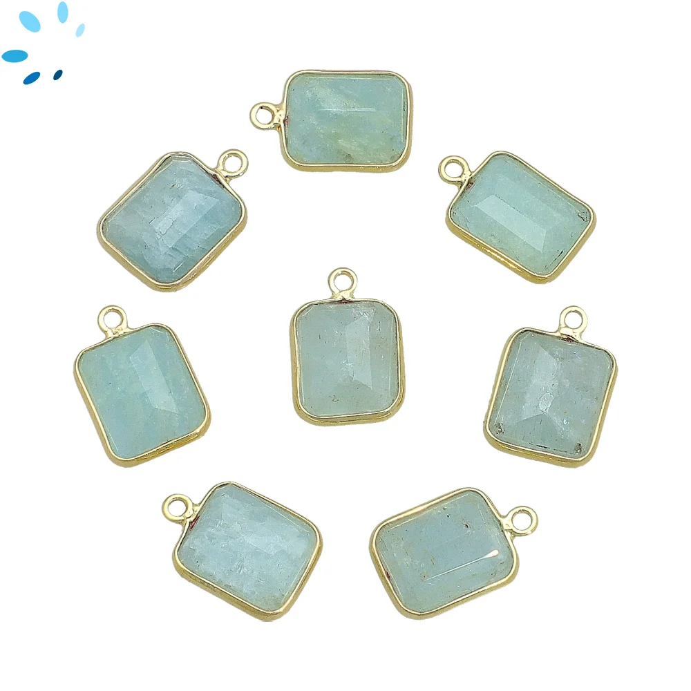 Aquamarine Rectangle Bezel Charm Pendant 14x10mm - 18k Gold Plated Sterling Silver - Set of 4
