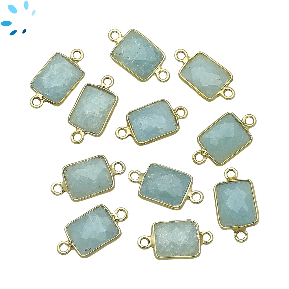 Aquamarine Rectangle Bezel Connector 11x9mm - 18k Gold Plated Sterling Silver - Set of 4