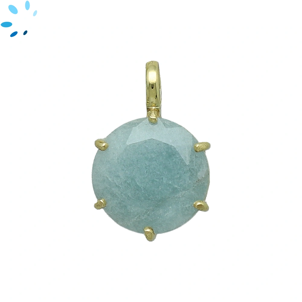 Aquamarine Round Prong-Set Pendant Charm 14mm - 18k  Gold Plated Sterling Silver - 1 Piece