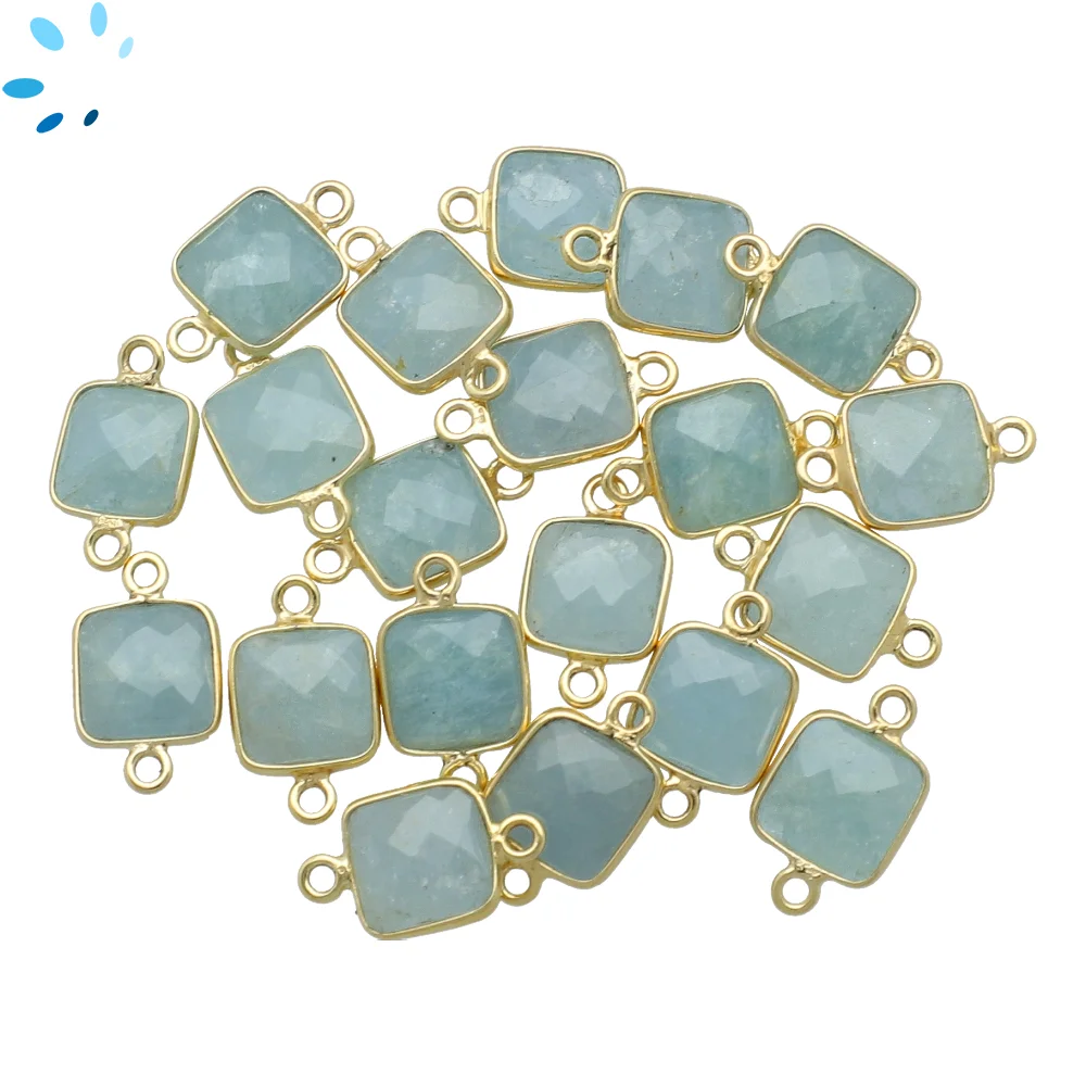Aquamarine Square Bezel Connector 9mm - 18k Gold Plated Sterling Silver - Set of 4
