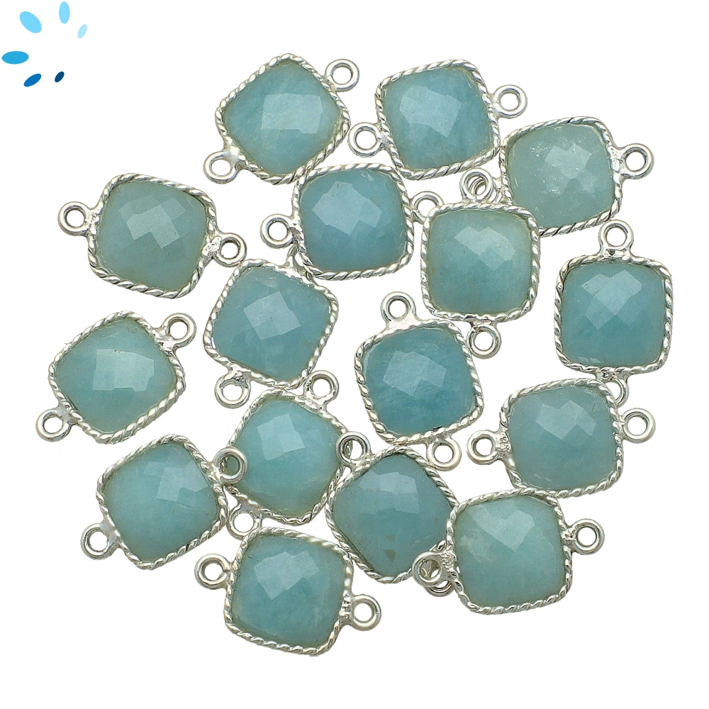 Aquamarine Square Twisted Wire Bezel Connector 10x10mm  - Platinum Plated Sterling Silver - Set of 4