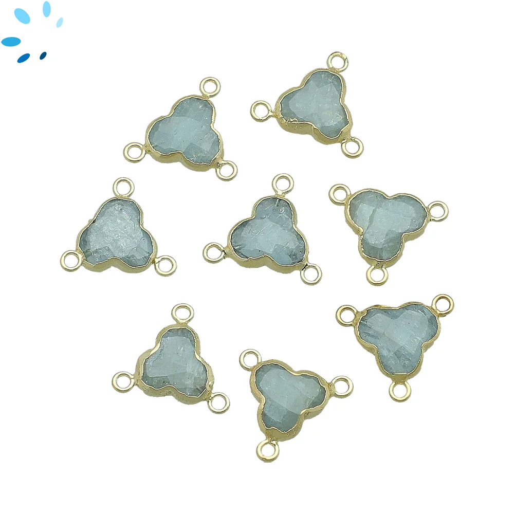 Aquamarine Trefoil Connector 10mm 18k Gold Electroplated - Set of 4