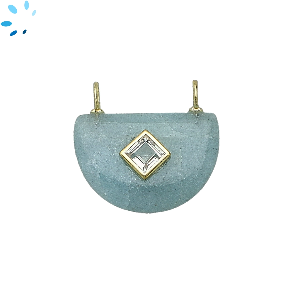Aquamarine & White Topaz Fancy Shape Inlay Charm Pendant 24x16mm - 18k Gold Plated Sterling Silver