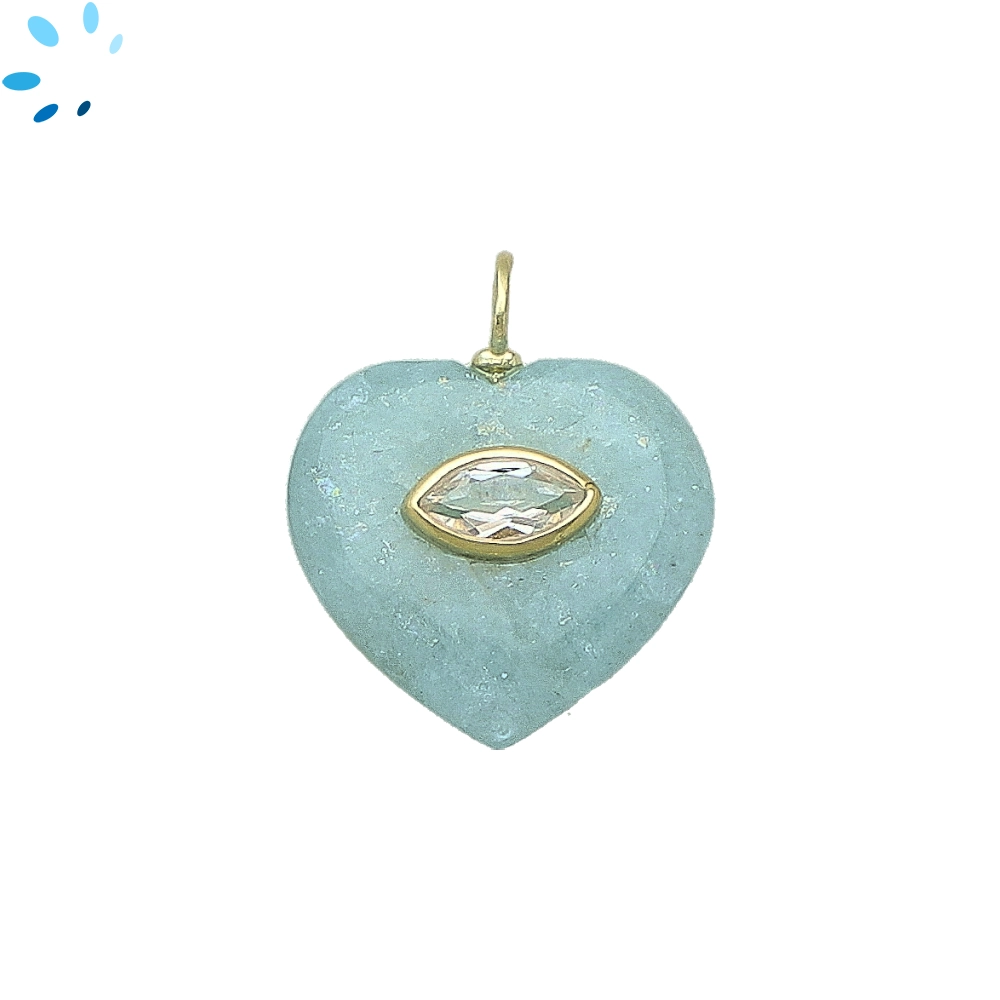 Aquamarine & White Topaz Heart Inlay Pendant Charm 19mm - 18k Gold Plated Sterling Silver