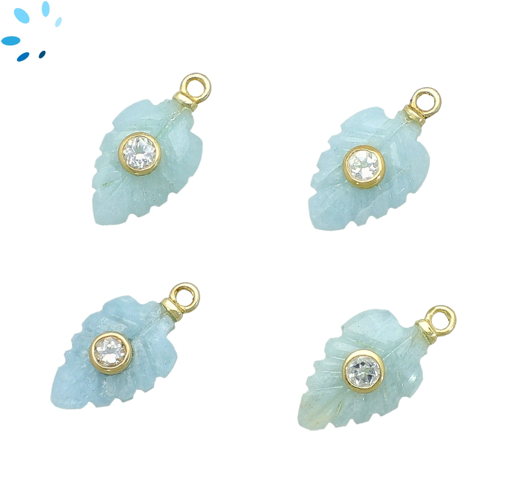 Aquamarine & White Topaz Leaf Inlay Charm Pendant 14x9mm - 18k Gold Plated Sterling Silver