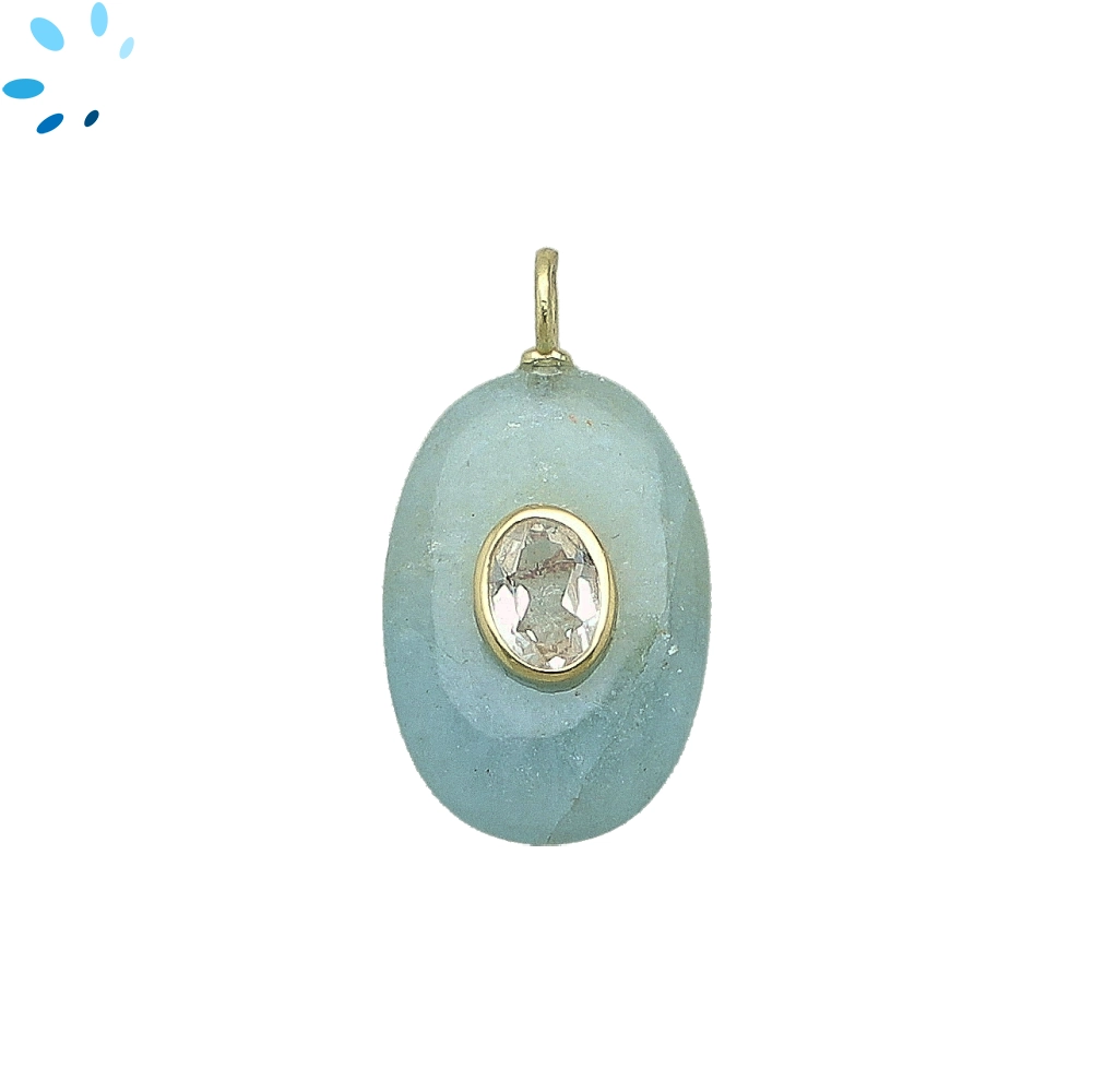 Aquamarine & White Topaz Oval Inlay Pendant Charm 22x15mm - 18k Gold Plated Sterling Silver