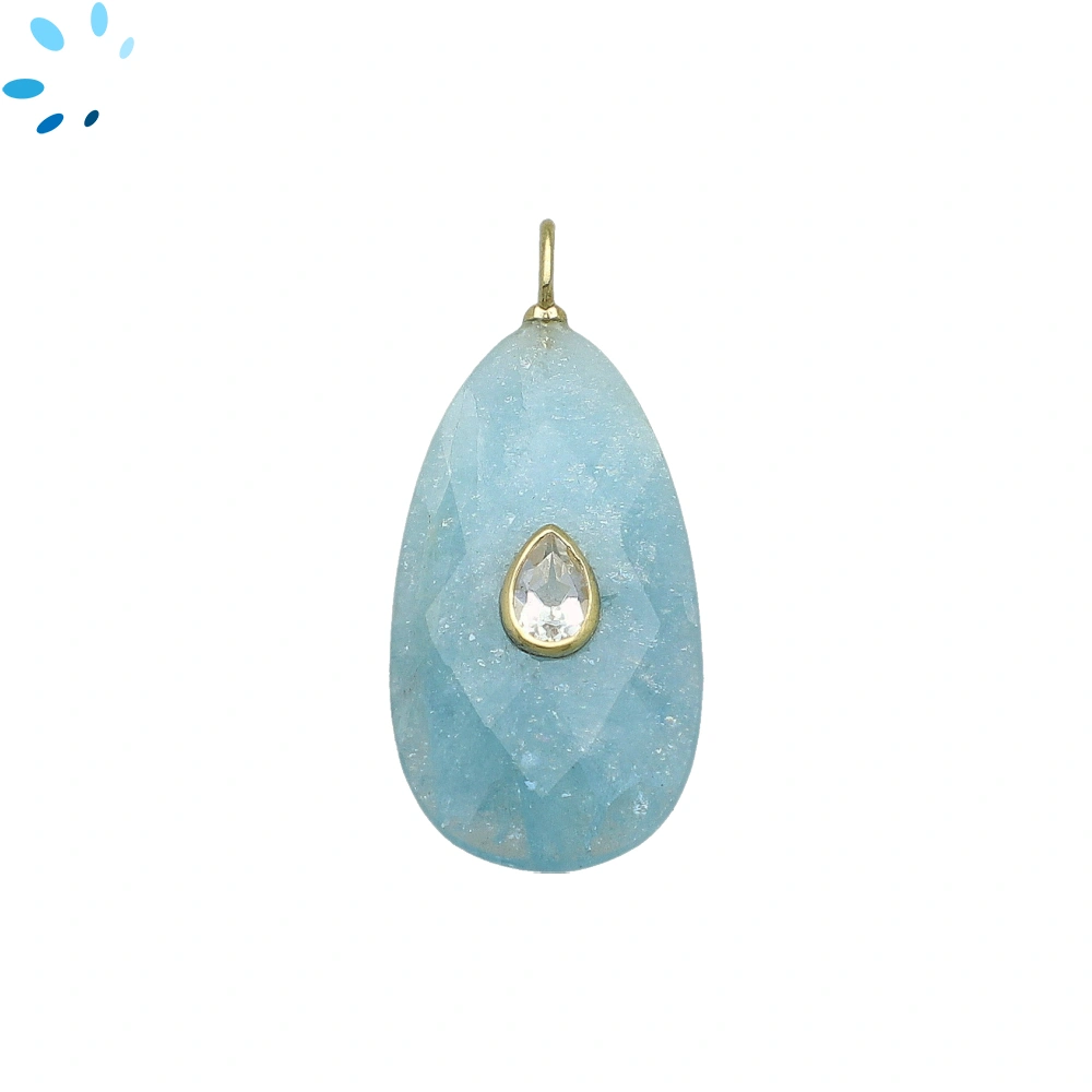 Aquamarine & White Topaz Pear Inlay Pendant Charm 31x16mm - 18k Gold Plated Sterling Silver - 1 Piece