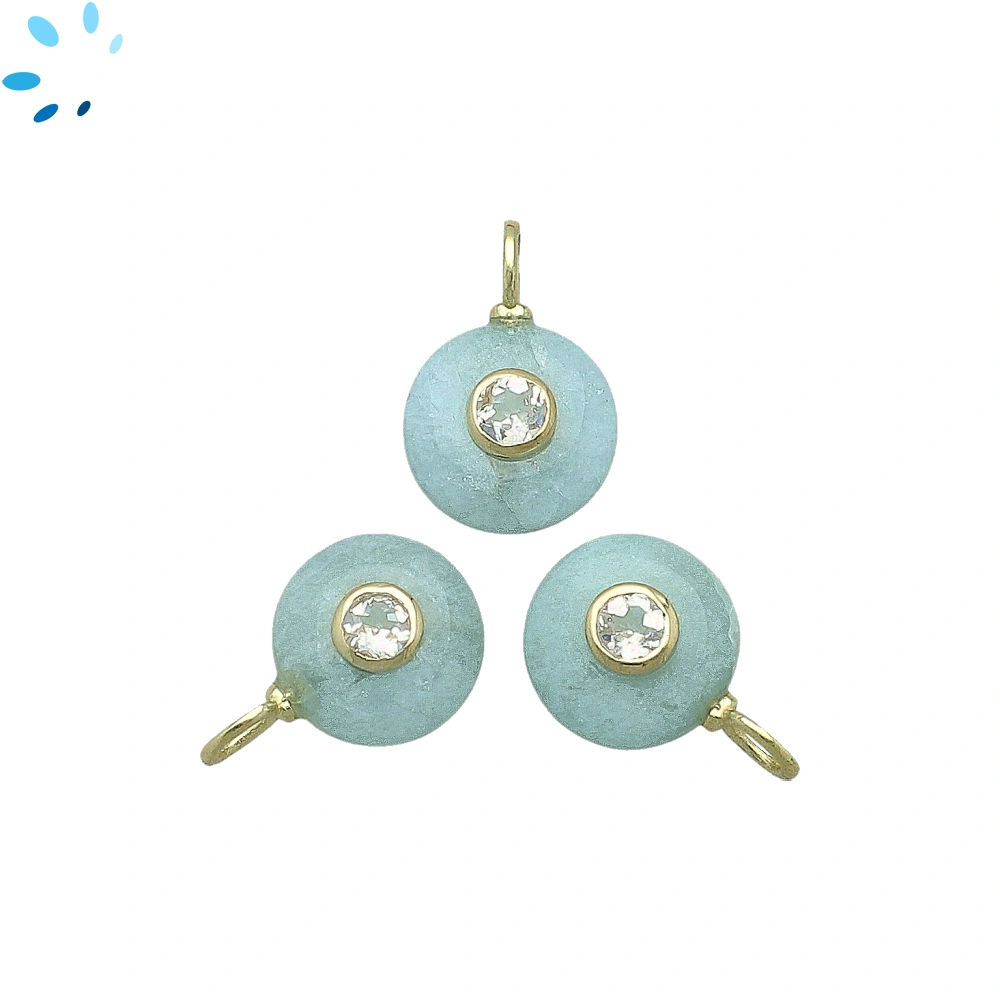 Aquamarine & White Topaz Round Inlay Charm Pendant 12mm - 18k Gold Plated Sterling Silver - 1 Piece