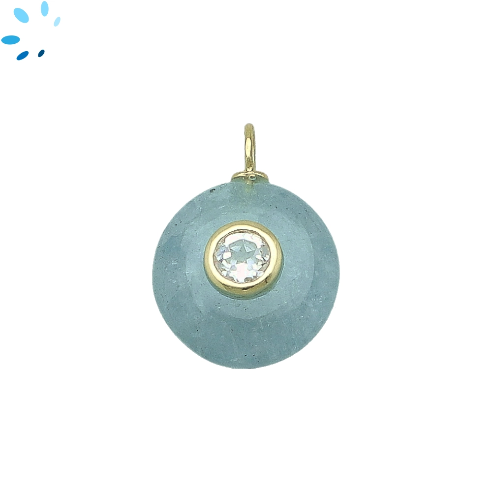 Aquamarine & White Topaz Round Inlay Charm Pendant 16mm - 18k Gold Plated Sterling Silver