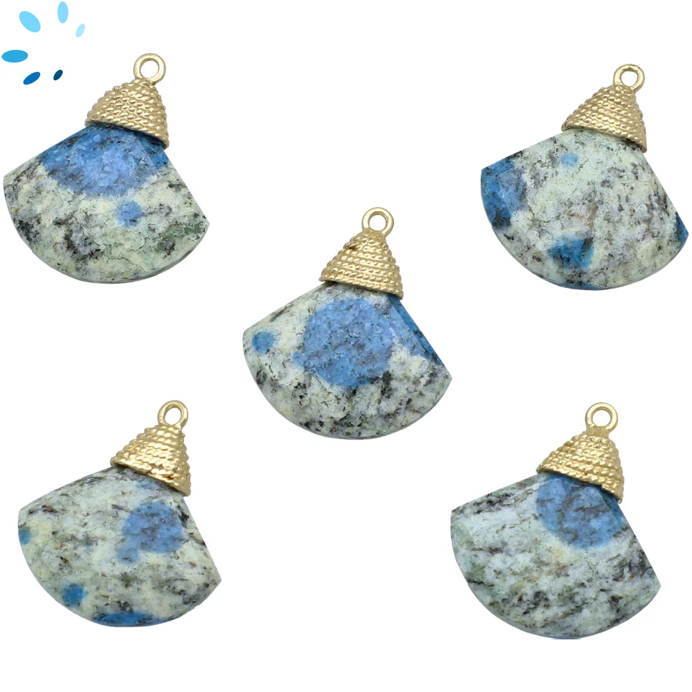 Azurite K2 Jasper Fan Bezel Pendant Charm 19mm - 18k Gold Plated Sterling Silver - Set of 2