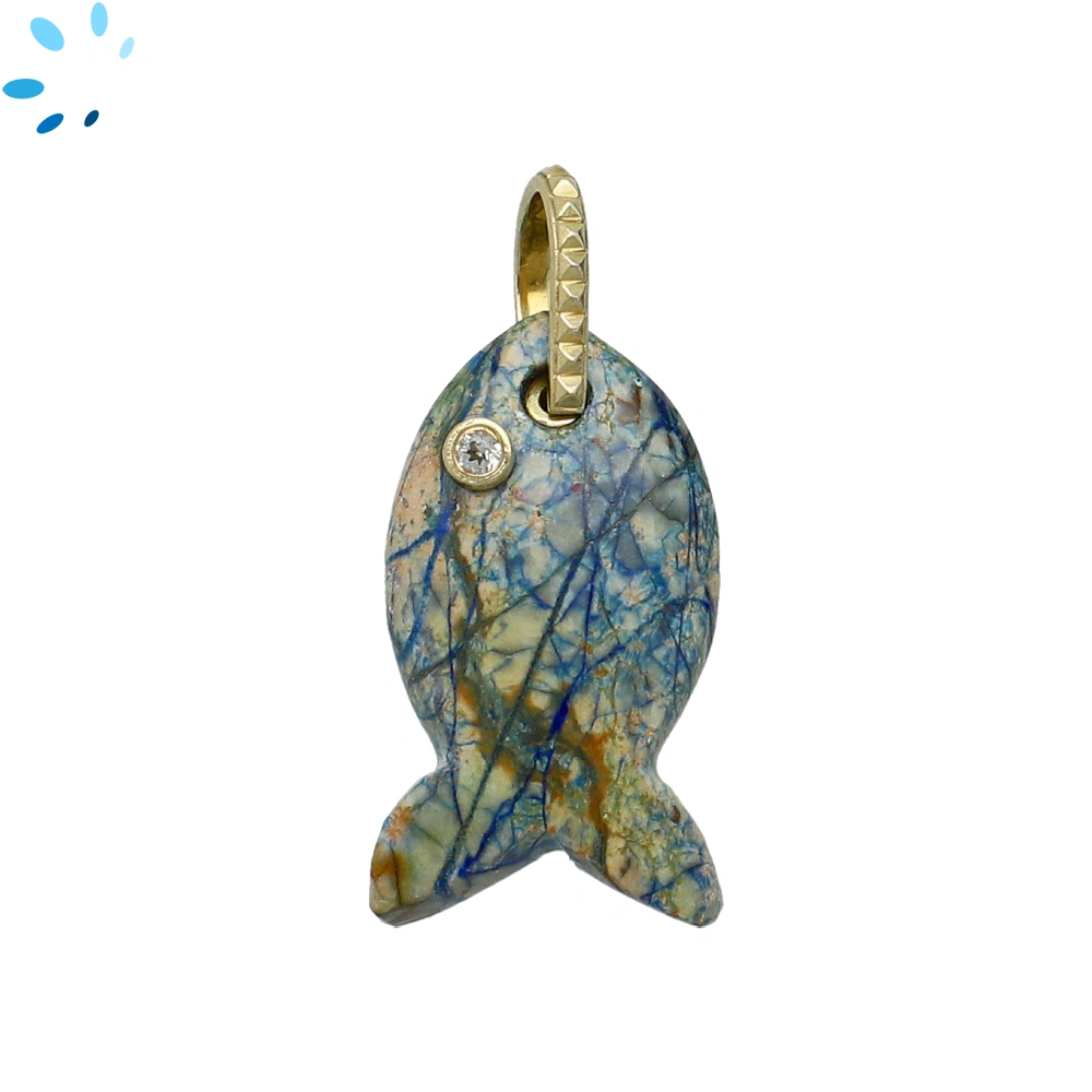 Azurite & White Topaz Vertical Chunky Fish Inlay Pendant Charm 25x14mm - 18k Gold Plated Sterling Silver - 1 Piece