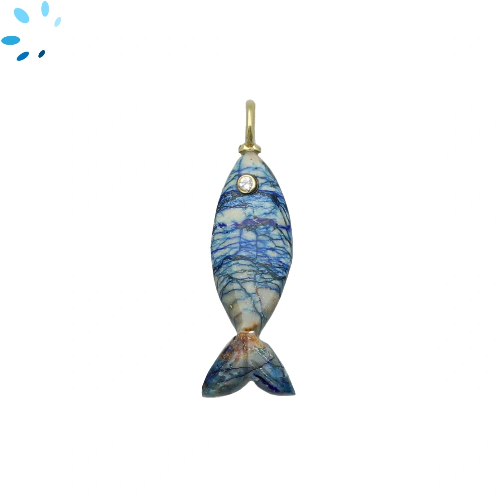 Azurite & White Topaz Vertical Elongated Fish Inlay Charm Pendant 25x9mm - 18k Gold Plated Sterling Silver - 1 Piece