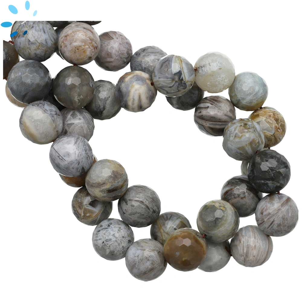 Bamboo Leaf Agate Faceted Round Top to Bottom Drilled Beads 16mm - 16 Inch Strand