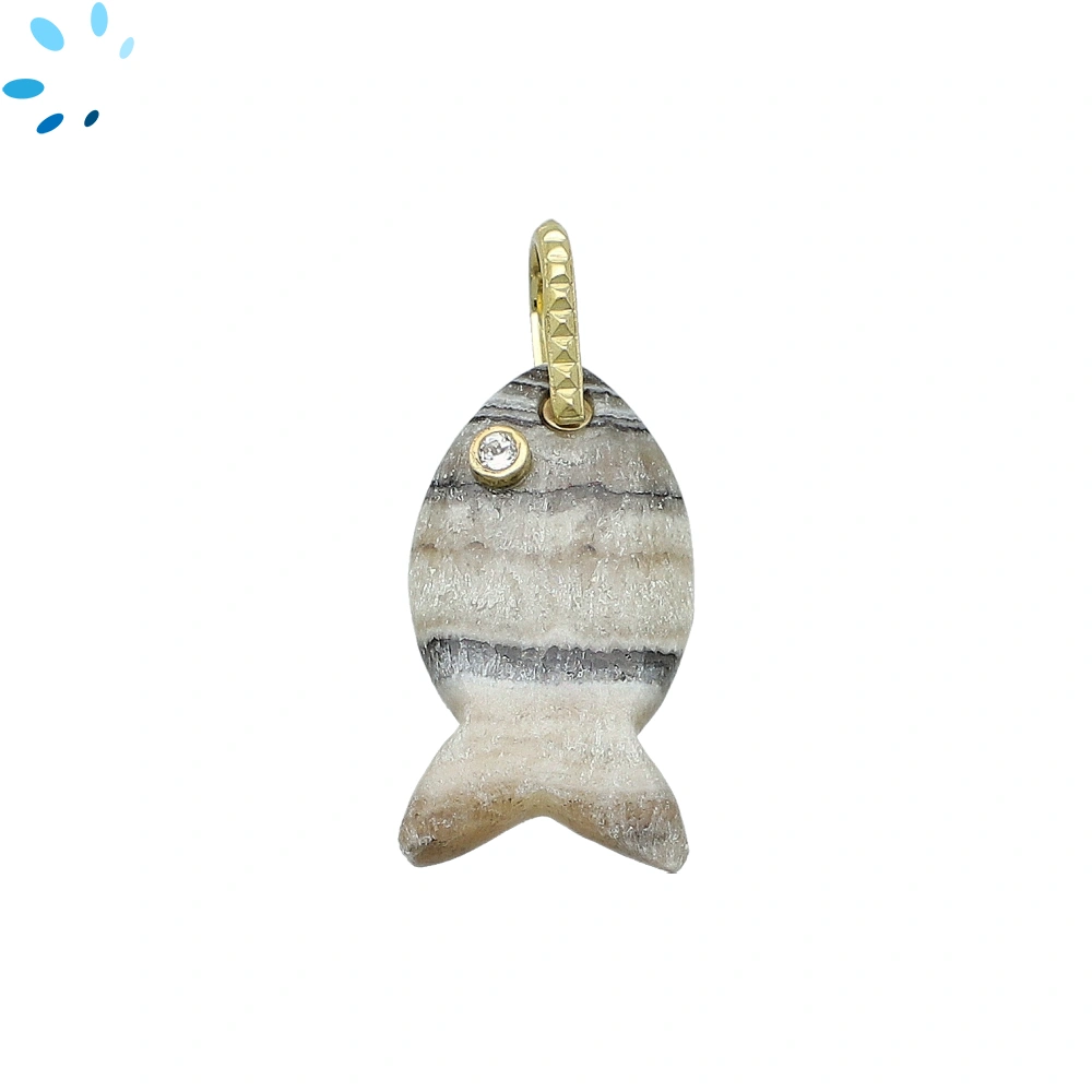 Banded Zebra Calcite & White Topaz Vertical Chunky Fish Inlay Pendant Charm 25x14mm - 18k Gold Plated Sterling Silver 