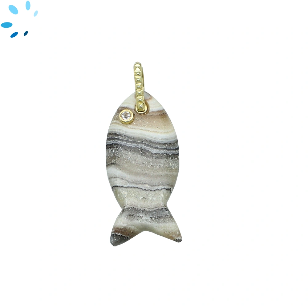 Banded Zebra Calcite & White Topaz Vertical Chunky Fish Inlay Pendant Charm 32x15mm - 18k Gold Plated Sterling Silver 