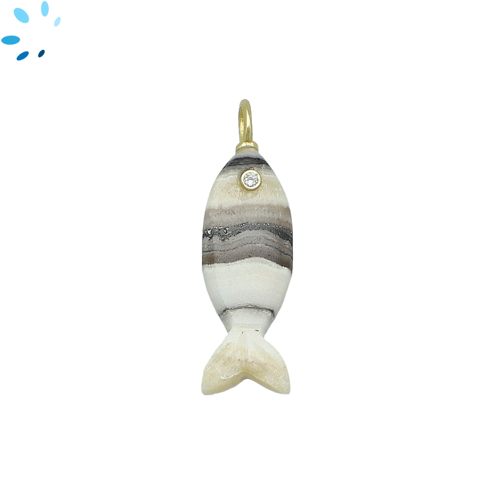 Banded Zebra Calcite & White Topaz Vertical Elongated Fish Inlay Pendant Charm 26x9mm - 18k Gold Plated Sterling Silver
