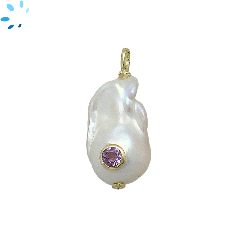 Baroque Pearl & Amethyst Inlay Pendant Charm 18x12-20x13mm - 18k Gold Plated Sterling Silver - 1 Piece